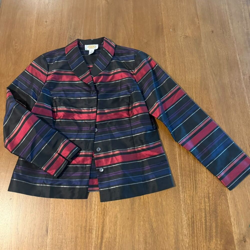 Talbots Petites 4 Silk Striped Blazer Jacket Black Red Purple Blue 98% Silk